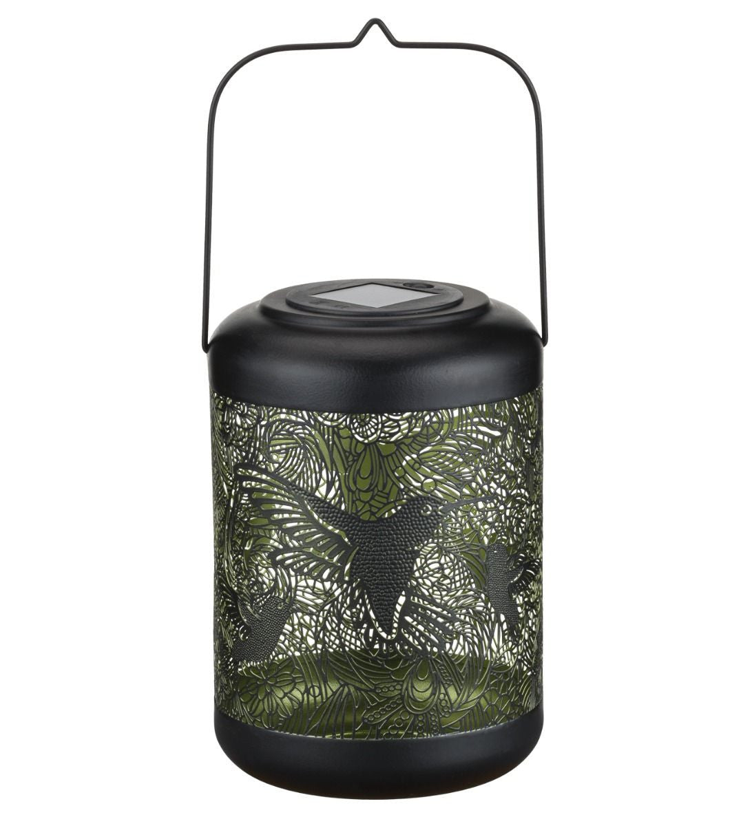 Close-up of the large hummingbird lantern, featuring laser-cut hummingbird designs with a reflective metallic glow