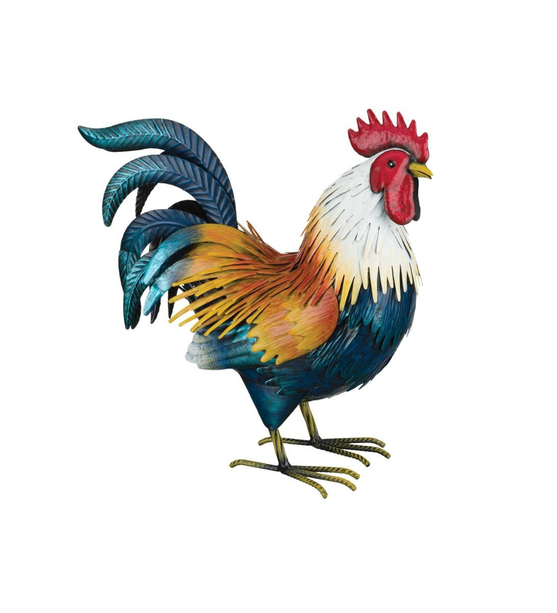 image of a life-size, metal, Golden Duckwing Rooster with golden wing feathers, white neck feathers, and red head details