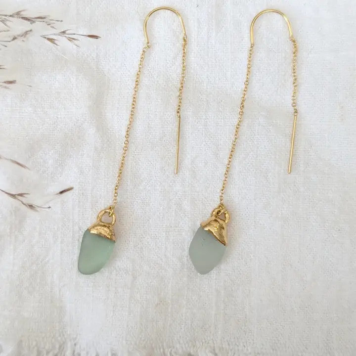 authentic piece of aqua sea glass dipped in real 14k gold suspended on 14k gold filled threader-style chains