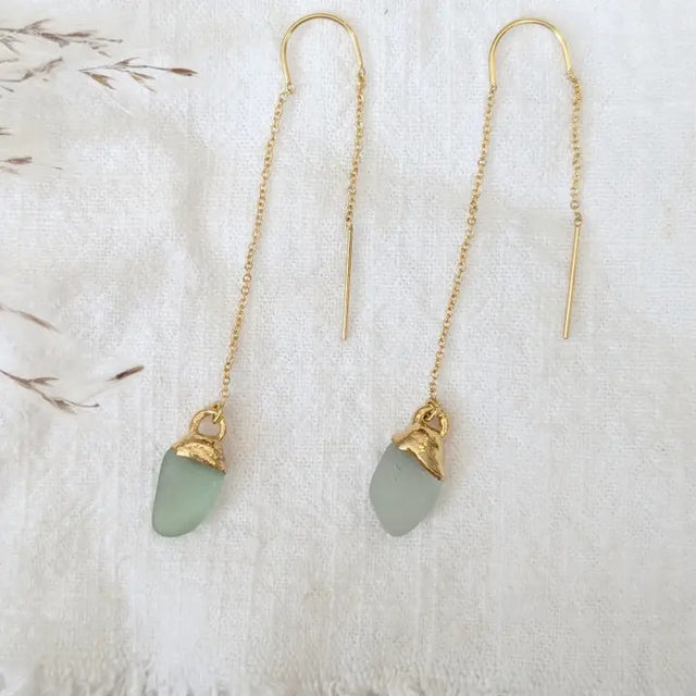 authentic piece of aqua sea glass dipped in real 14k gold suspended on 14k gold filled threader-style chains