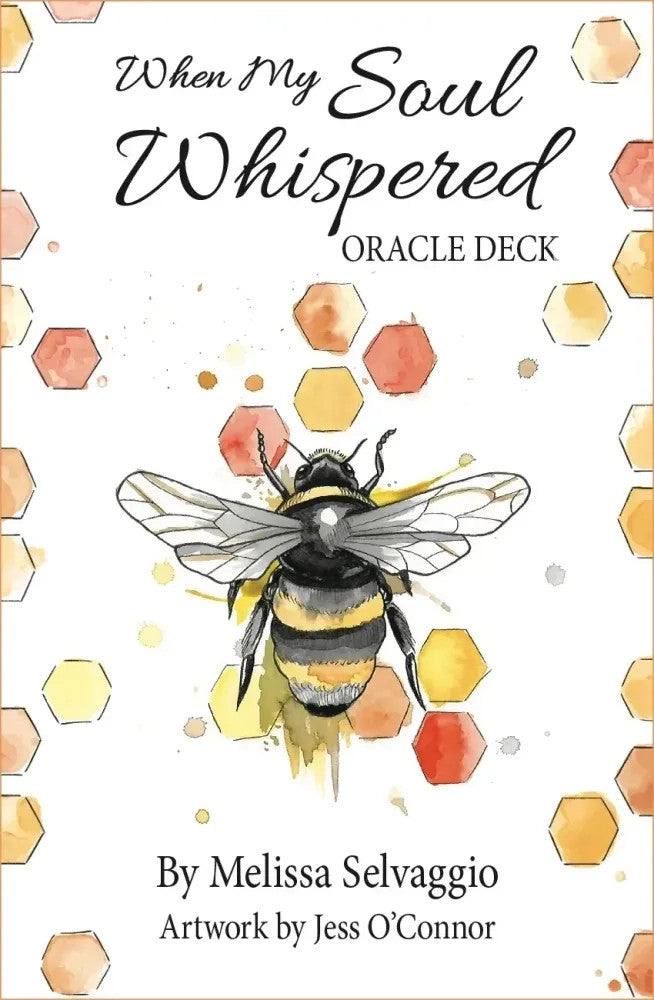 When My Soul Whispered Oracle Deck cover image featuring an illustration of a bee in watercolor on a minimalistic white background with warm colored hexagons reminiscent of honeycomb