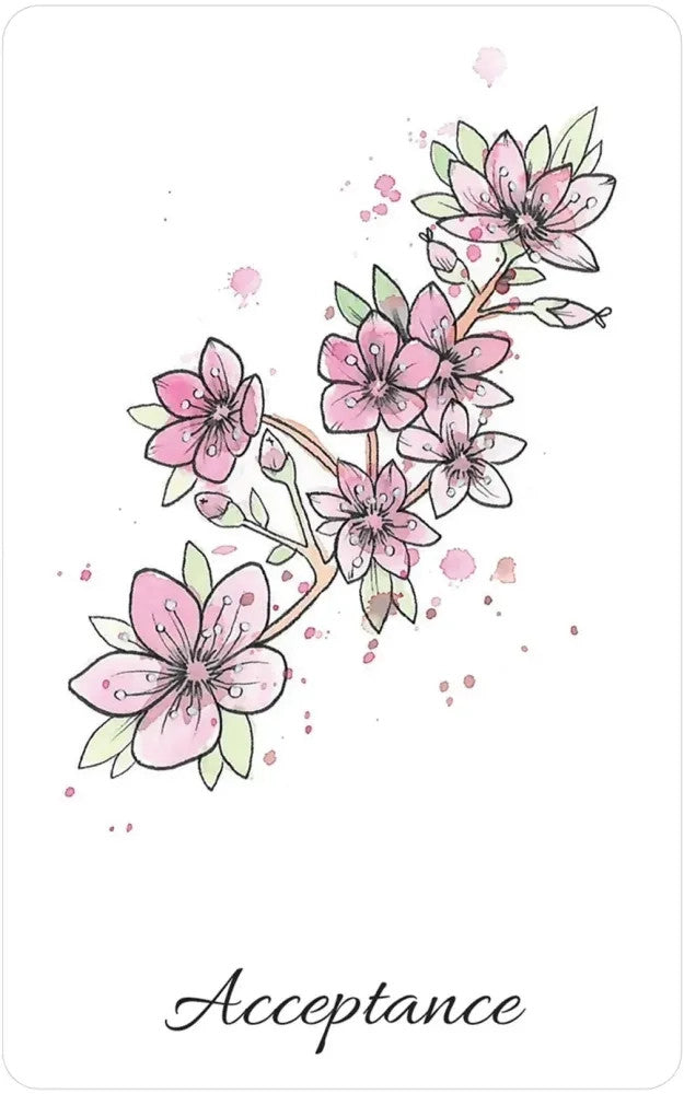 "Acceptance" card from the oracle deck featuring a minimal pink floral illustration in watercolor against a white background