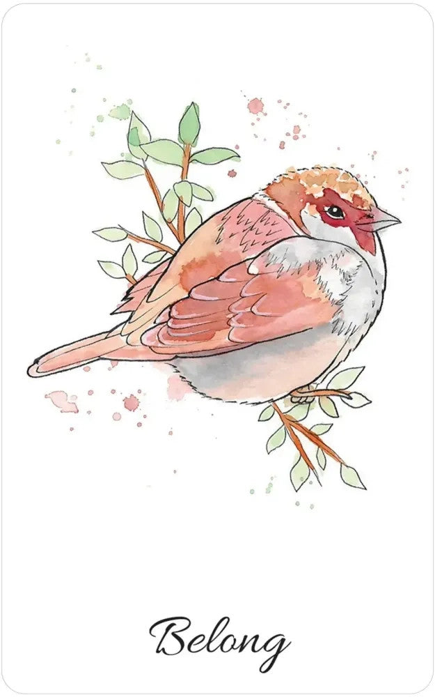 "Belong" card from the oracle deck featuring a watercolor illustration of a red bird perched on a branch against a white background