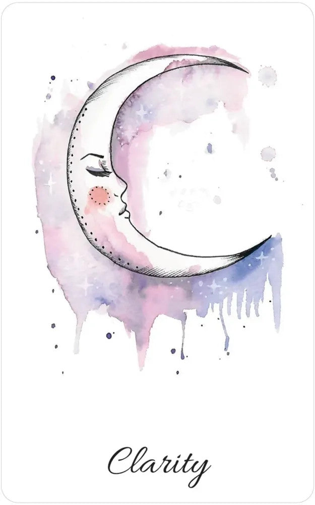 "Clarity" card from the oracle deck featuring a minimal illustration of a crescent moon with a face with a blue and purple watercolor wash on a white background