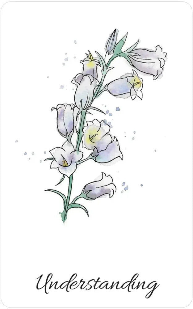 "Understanding" card from the oracle deck featuring a minimal floral illustration in watercolor against a white background