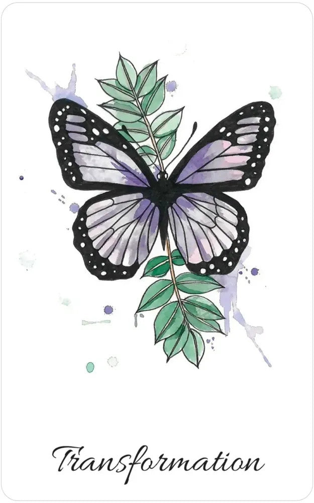"Transformation" card from the oracle deck featuring an illustration of a purple butterfly and greens on a white background
