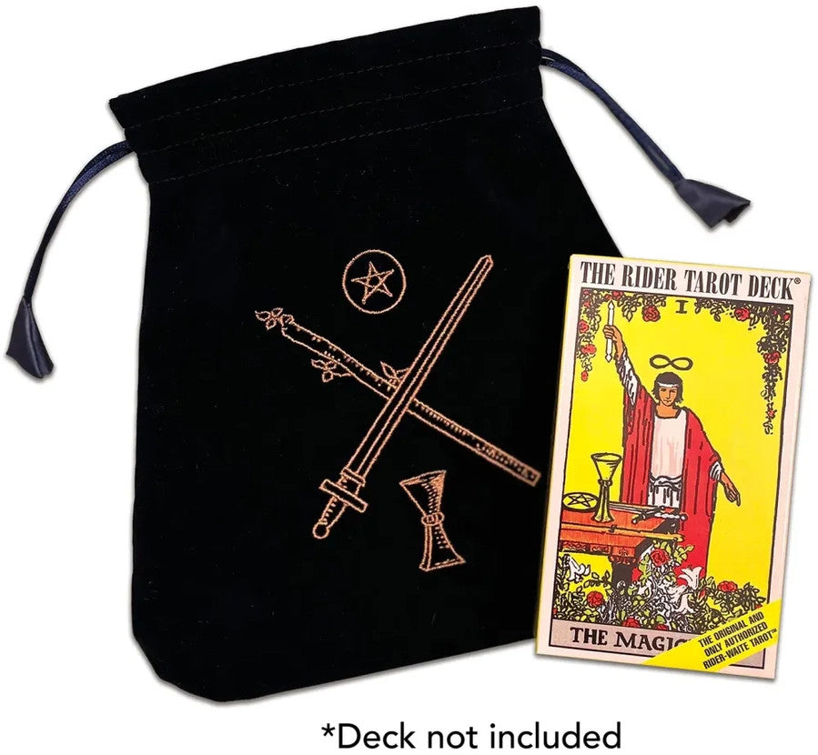 The Tarot Suits Pouch laid flat with the Magician tarot card next to it to give a sense of scale - the card is about two thirds the height of the pouch. Text reads "Deck not included"