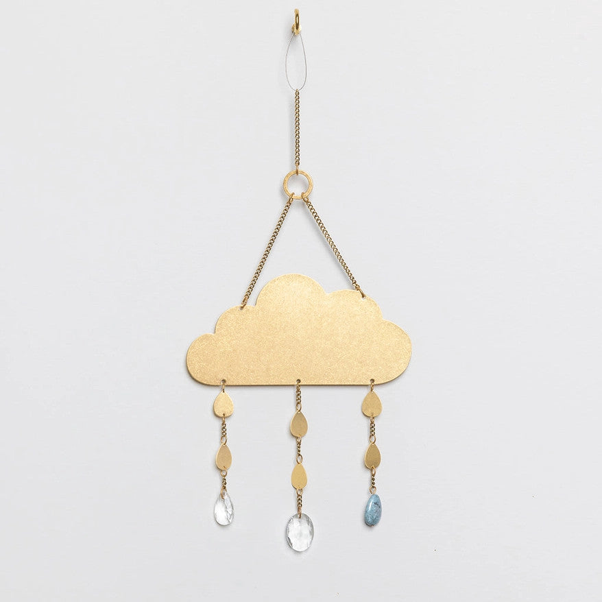 a full length view of the cloud suncatcher showing the full chain length and loop for hanging.