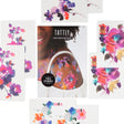 the whole set of 8 tattoos of the in bloom tattoo set - each is vividly colorful and painterly in style, surrounding the package for the set
