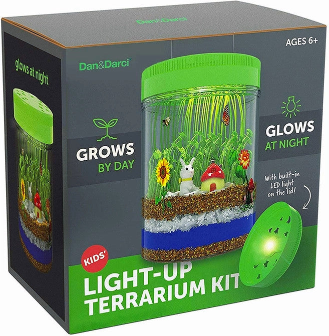Kids light-up terrarium kit box showing the fully assembled terrarium with the light on