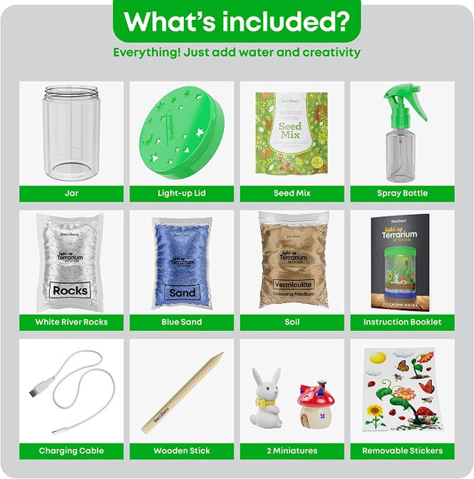 a graphic showing all of the included items: Jar, Light-up lid, seed mix, spray bottle, white river rocks, blue sand, soil, instruction booklet, charging cable, wooden stick, 2 miniatures, removable stickers