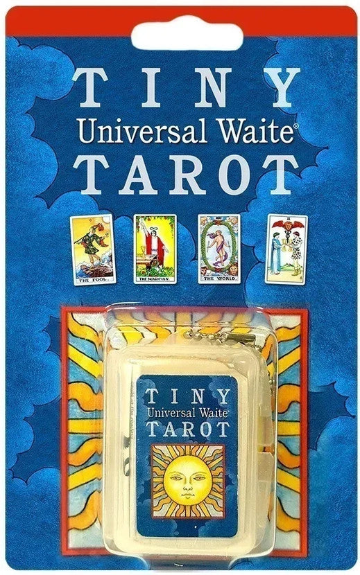 a blue blister pack with images of various tarot cards with text that reads "Tiny Universal Waite Tarot"