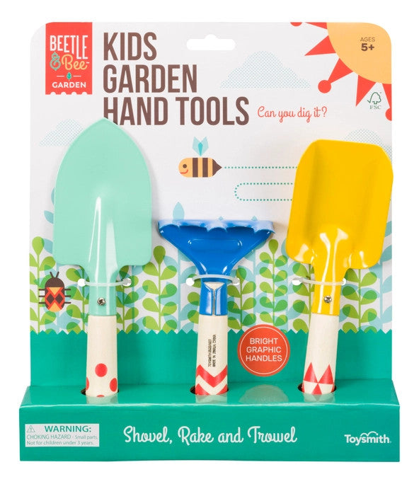 kids garden tools set in a colorful package with shovel, rake, and trowel