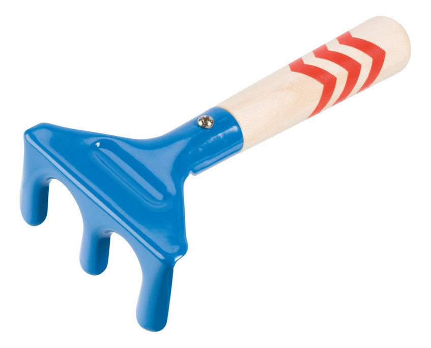 blue kids rake with wood handle and red decorative accents
