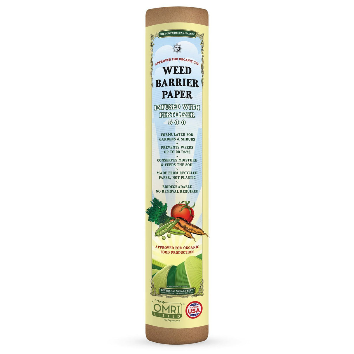 150 square feet of Fertilizer infused weed barrier paper, made for The Old Farmer's Almanac