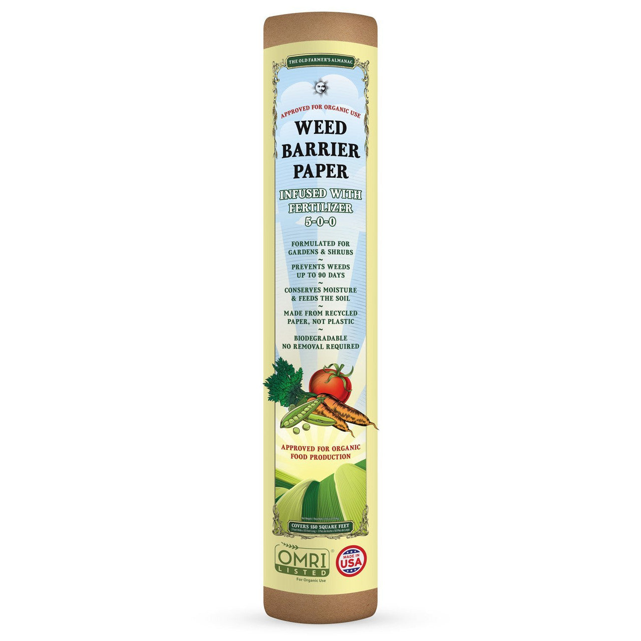 150 square feet of Fertilizer infused weed barrier paper, made for The Old Farmer's Almanac