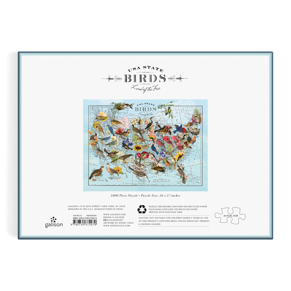 Jigsaw puzzle packaging featuring a map of the United States with birds on a white background