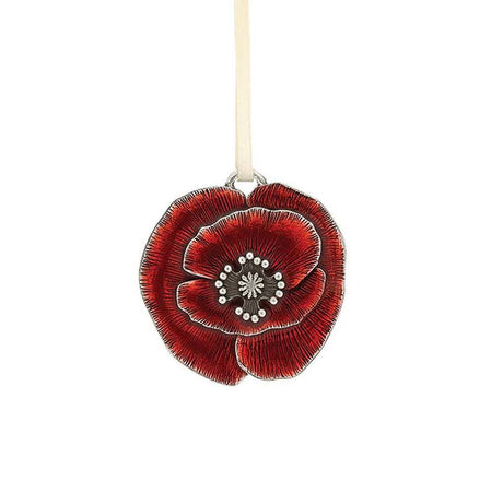 Vibrant red Poppy Ornament, handcrafted in pewter with intricate details, symbolizing remembrance and honoring those who served, tied with a satin ribbon