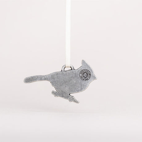 Back view of the Tufted Titmouse Ornament displaying the maker's seal, indicating its handcrafted quality