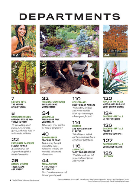 a departments page listing contents of the garden guide