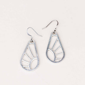 A pair of handcrafted Shine Wire Earrings on a white background, featuring an elegant geometric design inspired by sun rays. Made from pewter with surgical steel wires.