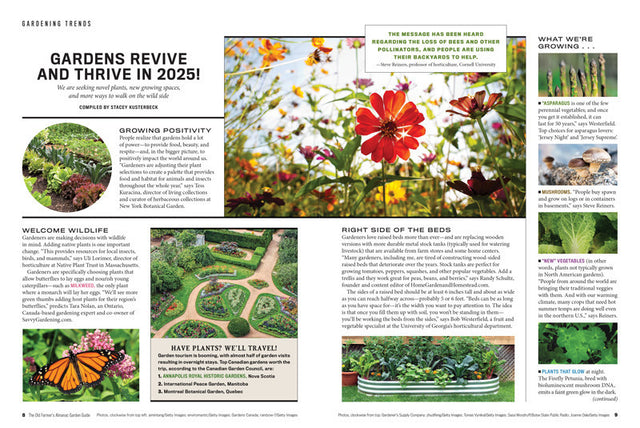 a spread about novel plants and techniques with the text "gardens revive and thrive in 2025!"