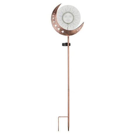 Metal solar garden stake with crescent moon and star design"