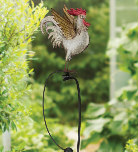 A realistic spot to place A metal garden stake featuring a colorful rooster with detailed feathers, perched on a rocker that moves in the wind.