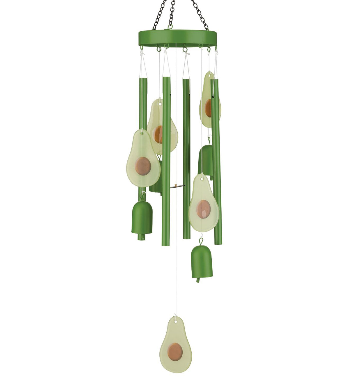 Avocado-themed wind chime hanging outdoors, featuring green metal tubes, avoico-pie shaped wind-up bells, and a hanging wind chime, all on a white background.