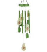 Avocado-themed wind chime hanging outdoors, featuring green metal tubes, avoico-pie shaped wind-up bells, and a hanging wind chime, all on a white background.