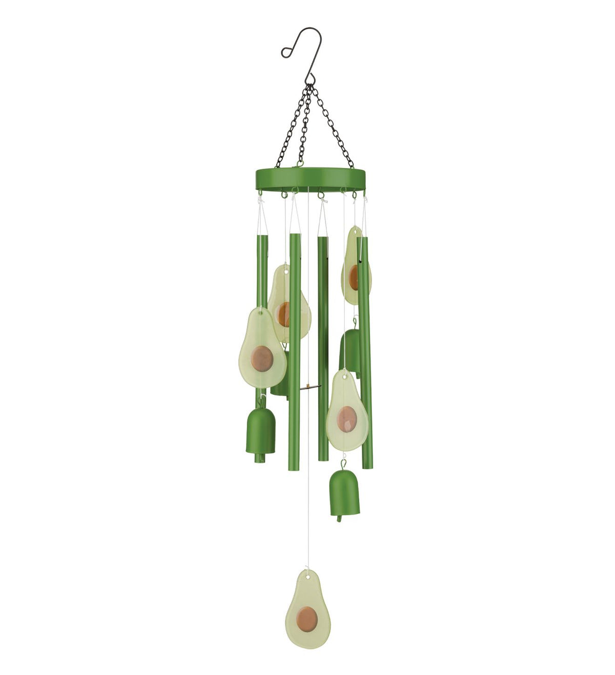 Green wind spinner with avocado-themed accents, featuring hanging green tubes, small wind bells, and avocado-shaped ornaments on a white background.