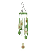 Green wind spinner with avocado-themed accents, featuring hanging green tubes, small wind bells, and avocado-shaped ornaments on a white background.