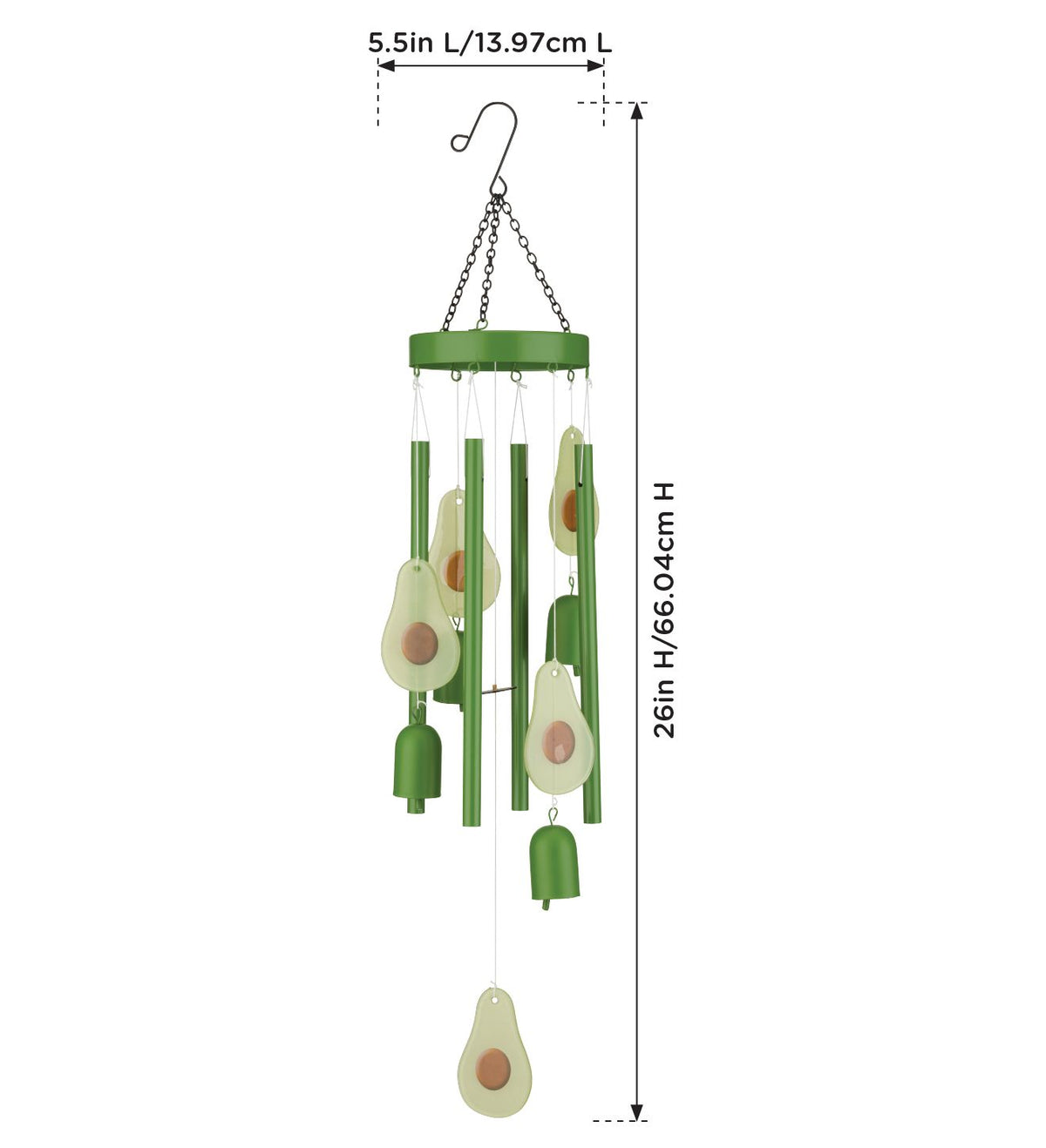Green avocado-themed wind chime with hanging bells and dimension lines showing 26 inches height and 5.5 inches width, on a white background.