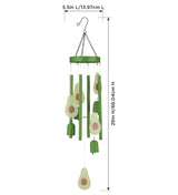 Green avocado-themed wind chime with hanging bells and dimension lines showing 26 inches height and 5.5 inches width, on a white background.