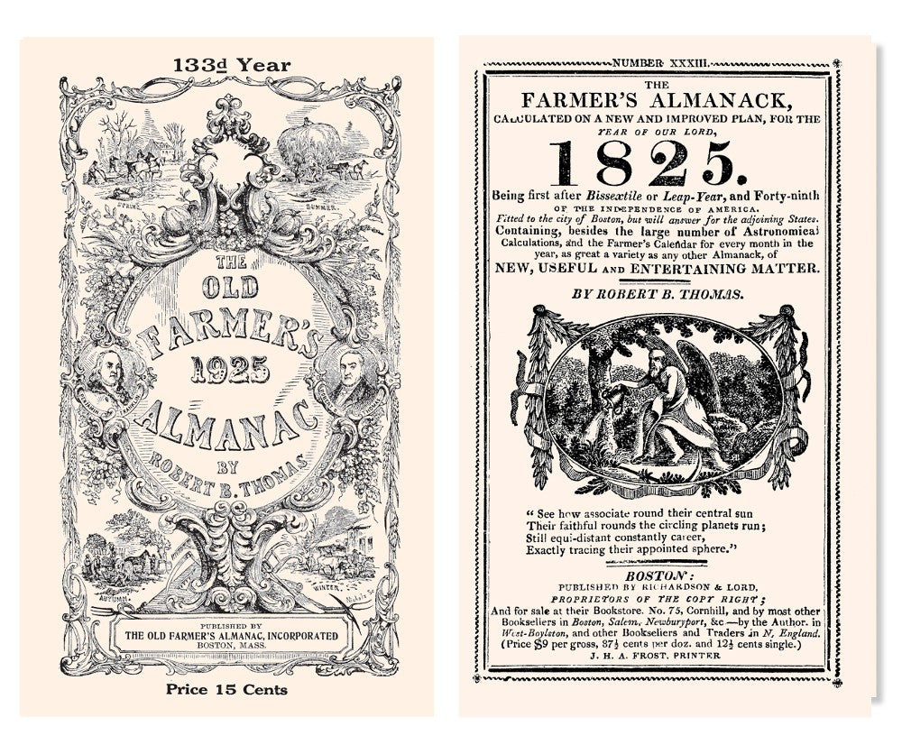the replica covers for the 1925 and 1825 Old Farmer's Almanacs