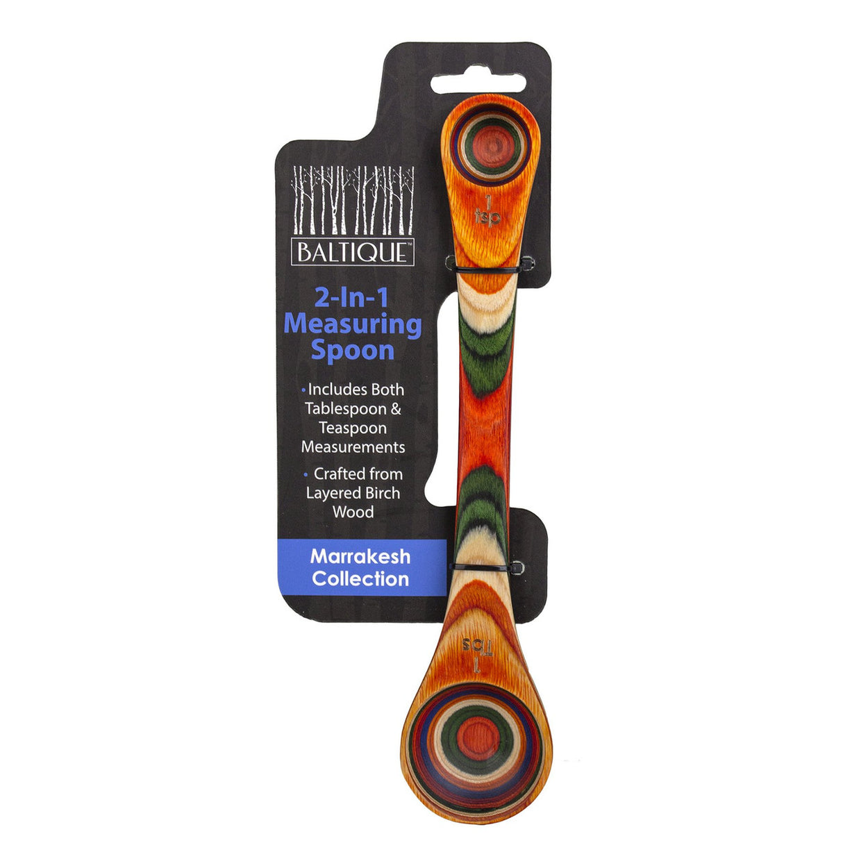 Marrakesh colorful wooden measuring spoon in packaging. With tablespoon on one side and teaspoon on the other end.
