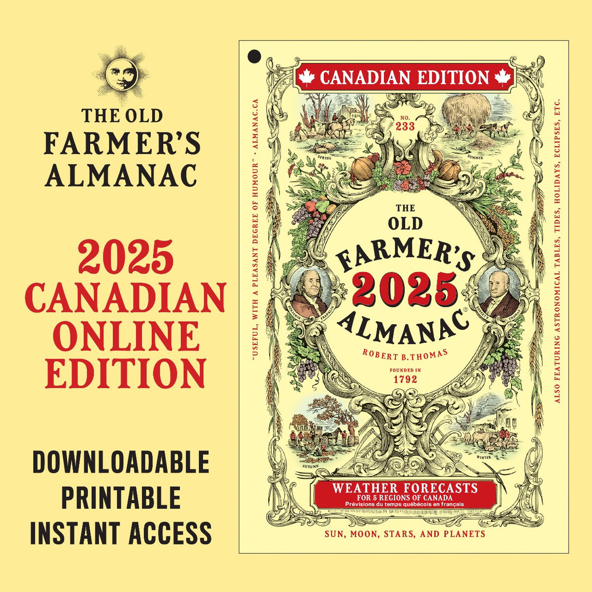 the Canadian Edition of the Old Farmer's Almanac next to text that reads "2025 Canadian Online Edition - Downloadable - Printable - Instant Access"