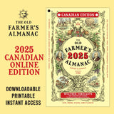 the Canadian Edition of the Old Farmer's Almanac next to text that reads "2025 Canadian Online Edition - Downloadable - Printable - Instant Access"