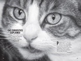 interior spread of the Almanac with a close up image of a cat's face with the text "Cat Curiosities Explained"