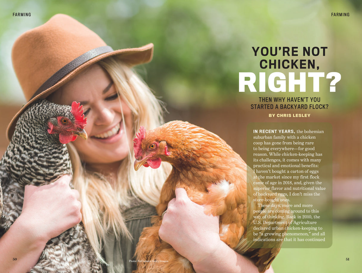 a spread titled "You're not chicken, right?" featuring a young woman holding two hens
