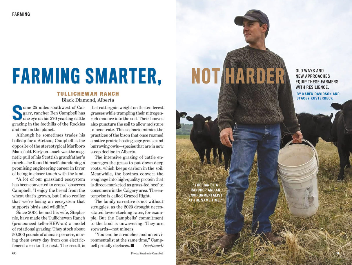 a spread with an article and an image of a man in a field with cows titled "Farming Smarter, not Harder"