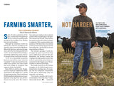a spread with an article and an image of a man in a field with cows titled "Farming Smarter, not Harder"