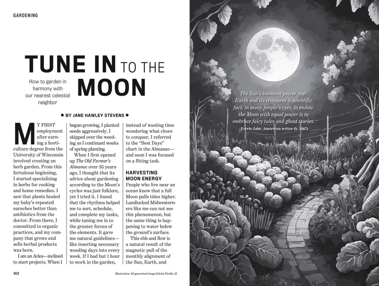 an interior spread with an illustration of a moonlit garden and an article titled "Tune into the Moon"
