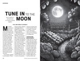 an interior spread with an illustration of a moonlit garden and an article titled "Tune into the Moon"