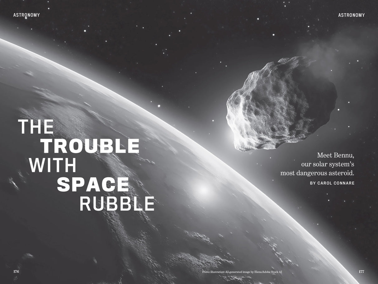 an interior spread showing the earth in space with an asteroid titled "the trouble with space rubble"