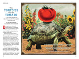 a spread with an image of a tortoise with a large tomato on its back alongside an article titled "The Tortoise and the Tomato"