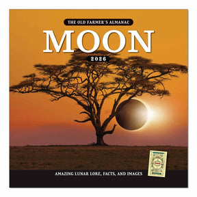 The cover image of the 2026 Old Farmer's Almanac Moon Calendar featuring a striking image of a solar eclipse at sunset just to the right of a lone tree on the Serengeti 