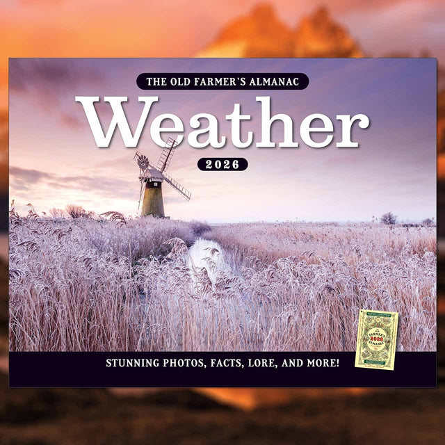 the cover of The Old Farmer's Almanac Weather 2026 calendar featuring an icy wheat field with a charming windmill in the background