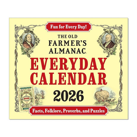 The cover image for The Old Farmer's Almanac Everyday Calendar 2026 featuring iconic Almanac Yellow background and Robert B Thomas and Ben Franklin portraits 