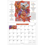 the interior September page of the Gardening calendar with moon phases, holidays, and a striking illustration of a bird resting on a branch with reddish leaves and vibrant purple berries